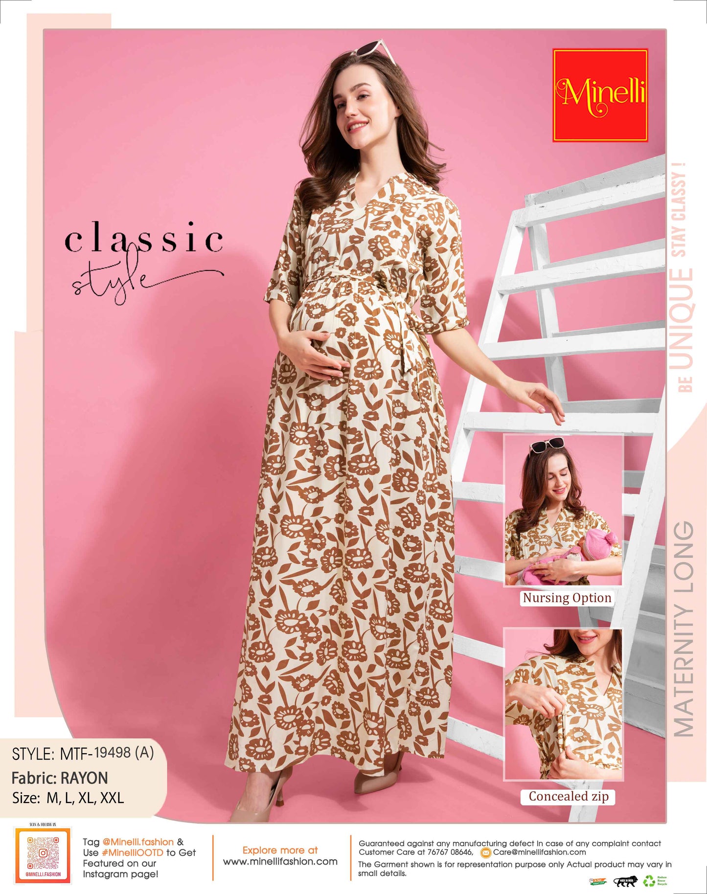 Womens Printed Maternity Long Gown - Skin