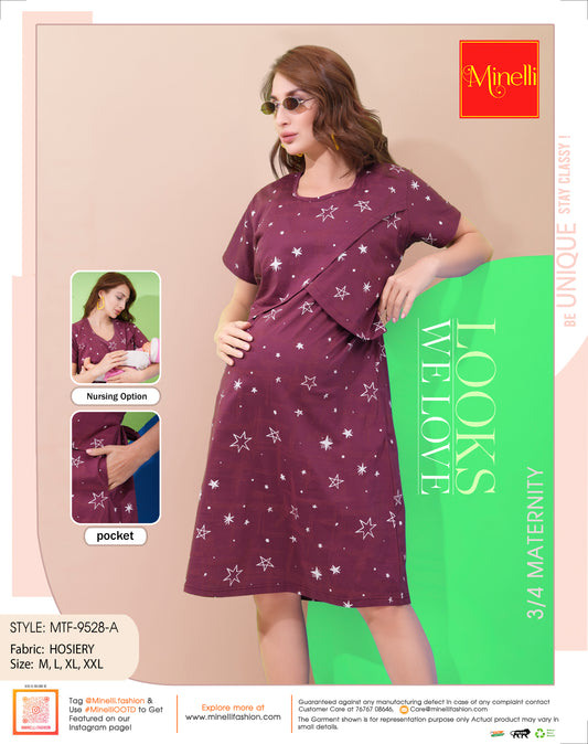 Magenta-Colored Maternity 3/4th Gown