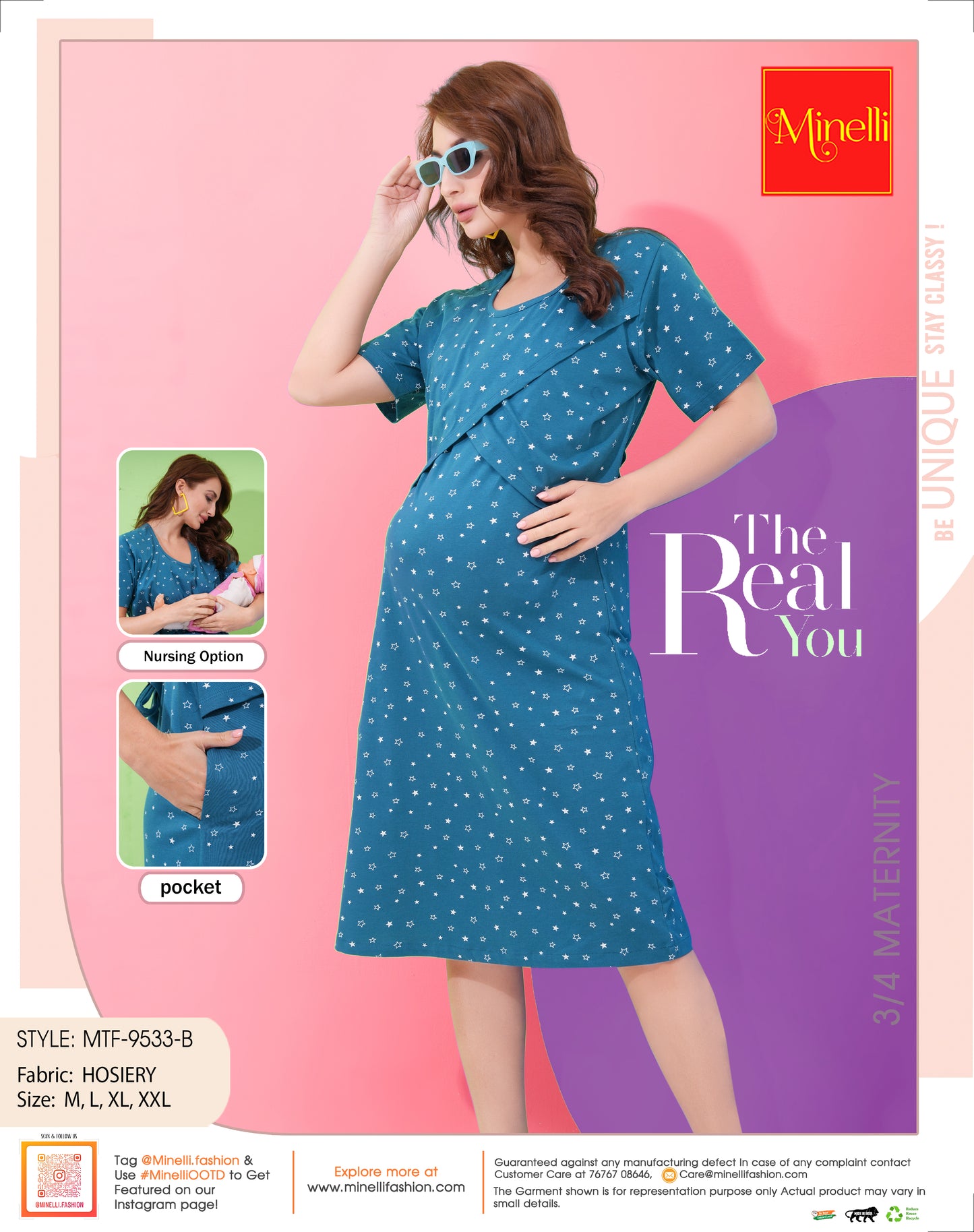 Blue-Colored Maternity 3/4th Gown