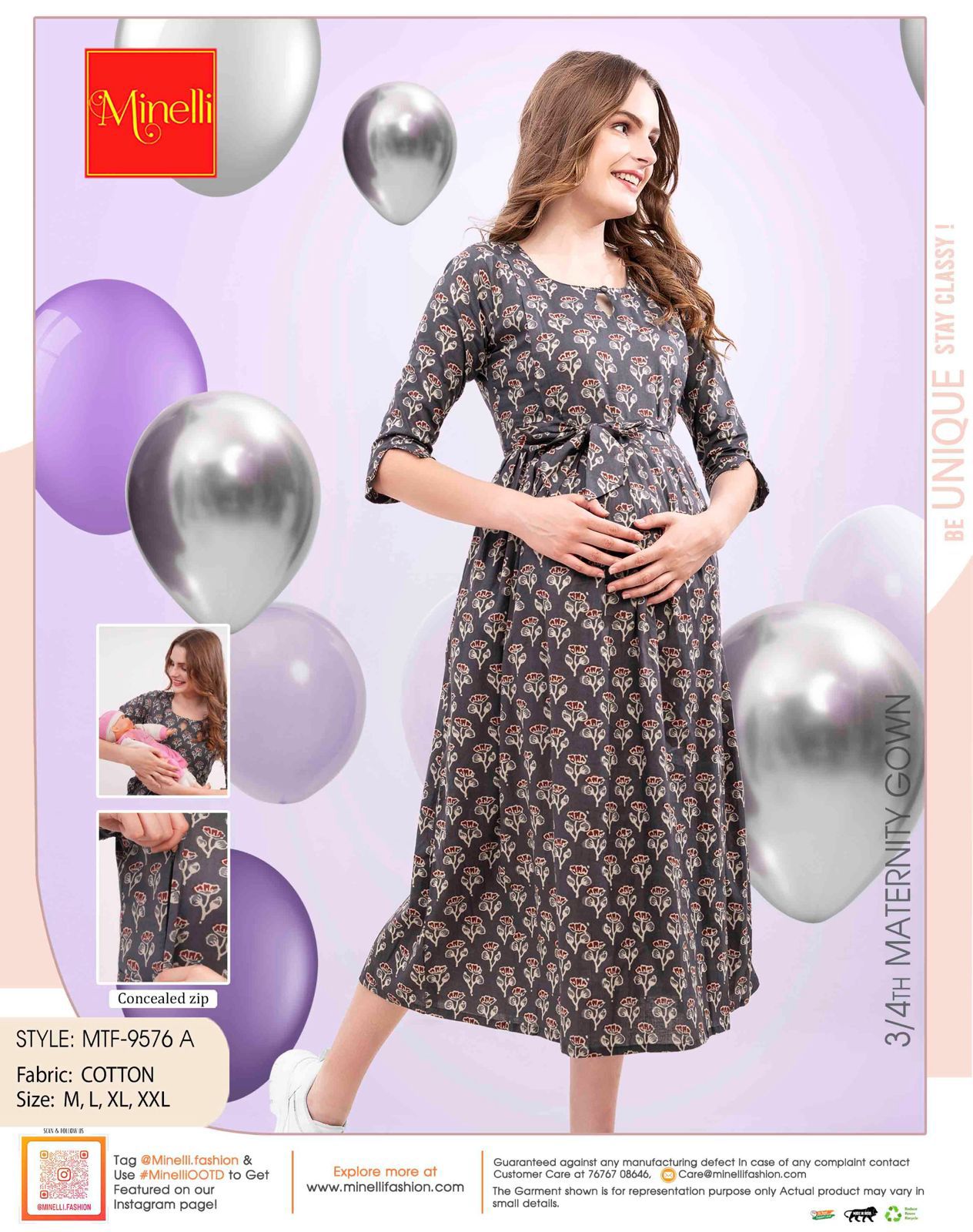 Charcoal-Colored Maternity 3/4th Gown