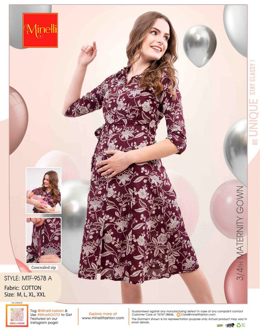 Wine-Colored Maternity 3/4th Gown