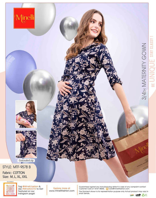 D.Blue-Colored Maternity 3/4th Gown