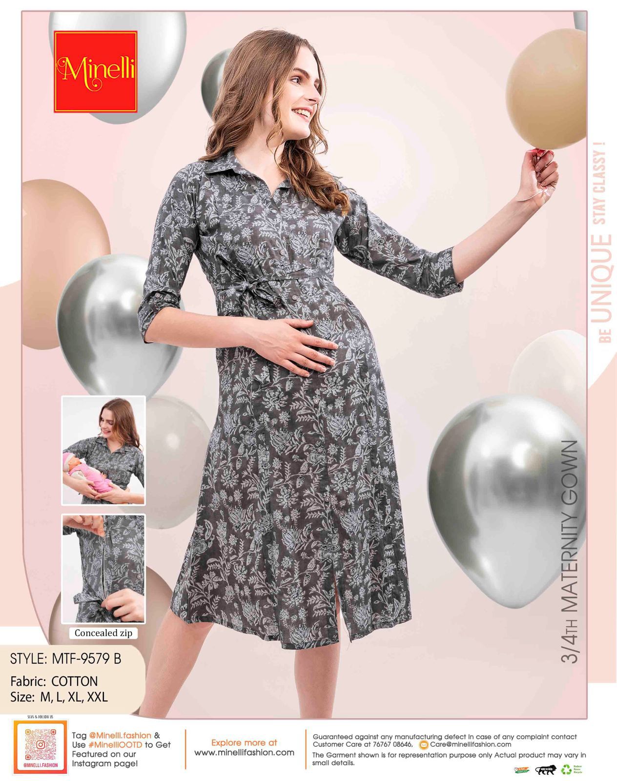 Grey-Colored Maternity 3/4th Gown