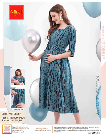 L.Blue-Colored Maternity 3/4th Gown