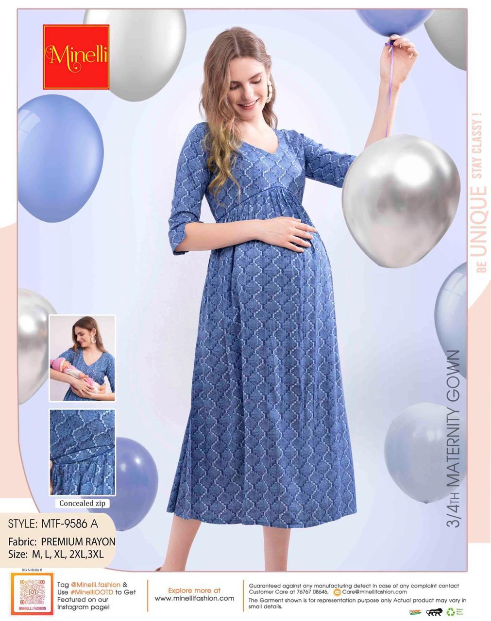 Blue-Colored Maternity 3/4th Gown