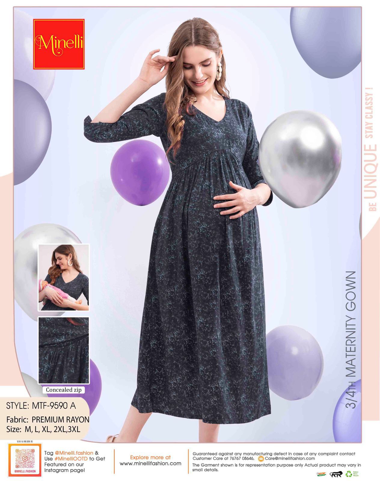 Charcoal-Colored Maternity 3/4th Gown