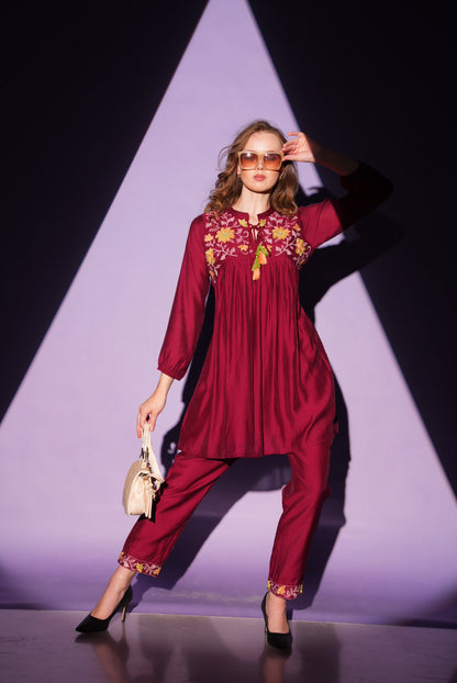 Maroon-Colored Fusion Co-Ord Set
