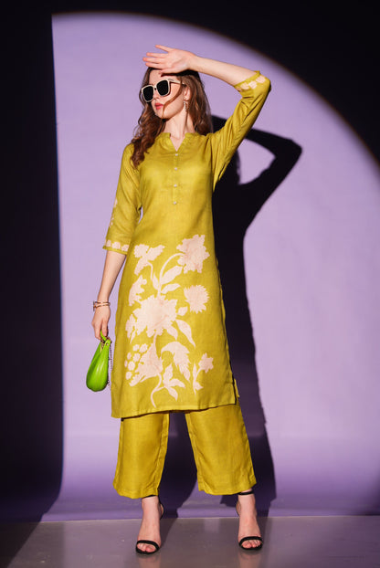 Fuel Yellow-Colored Kurtique Co Ord Set