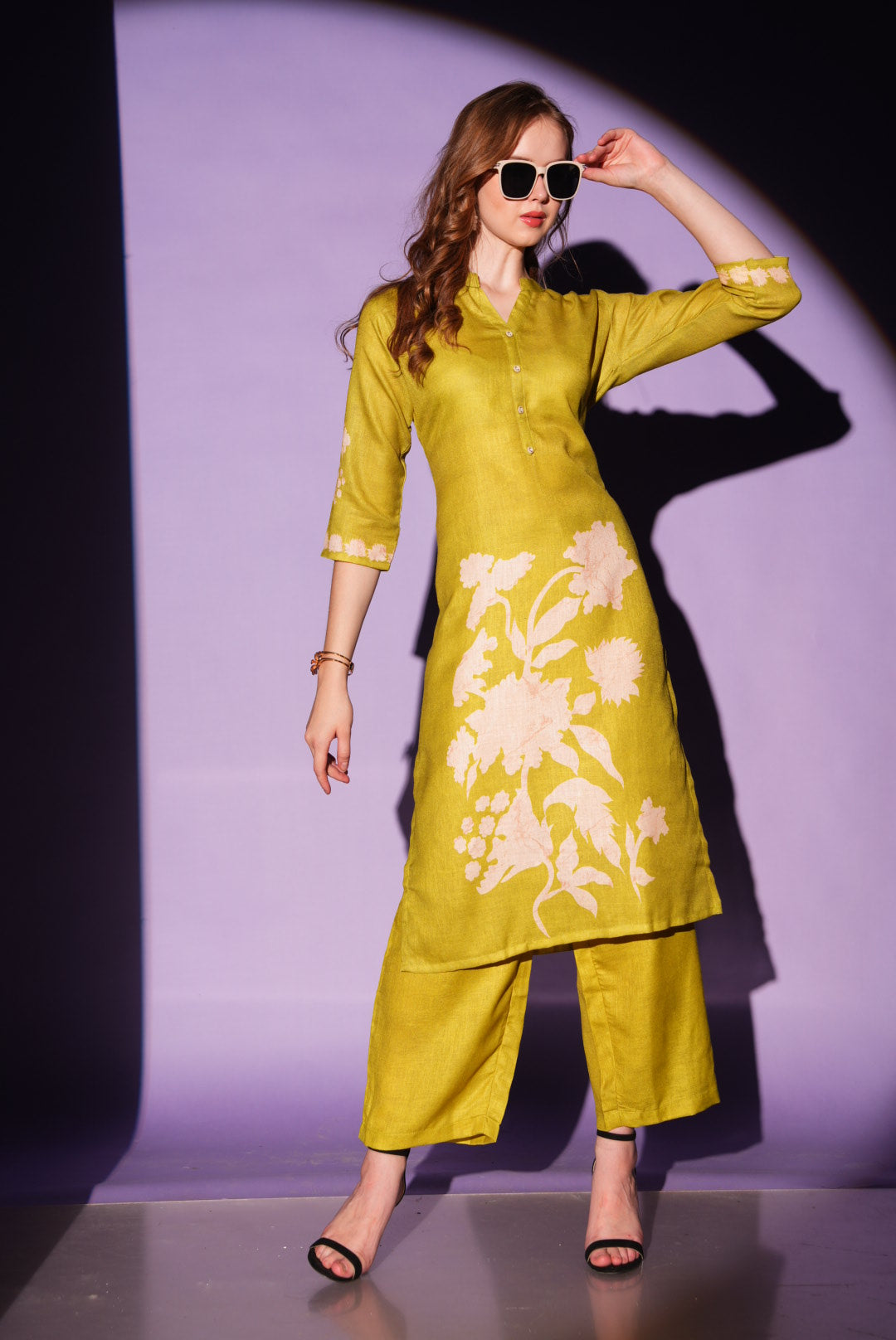 Fuel Yellow-Colored Kurtique Co Ord Set