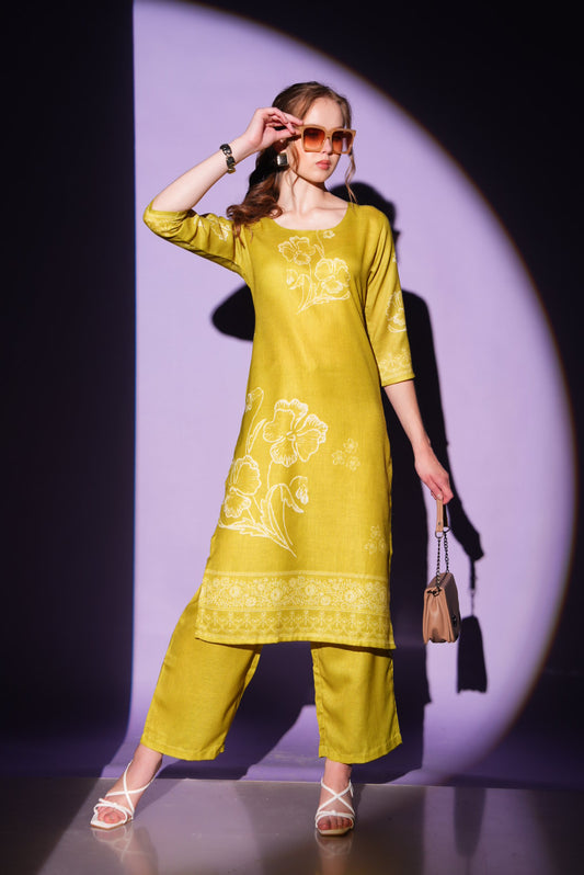 Fuel Yellow-Colored Kurtique Co Ord Set