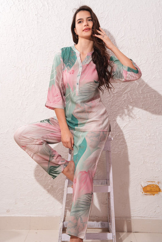 Womens Printed Nightsuit - Pink
