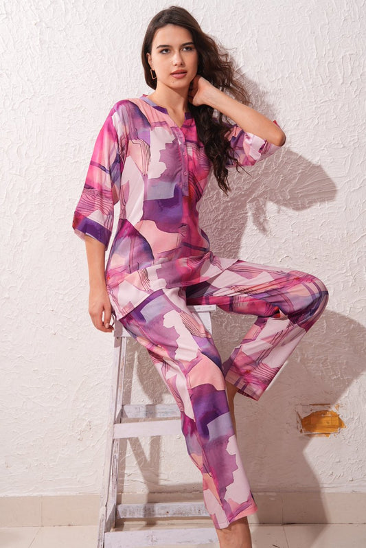 Womens Printed Nightsuit - Raspberry