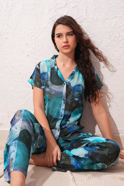 Womens Front Open Nightsuit - Blue