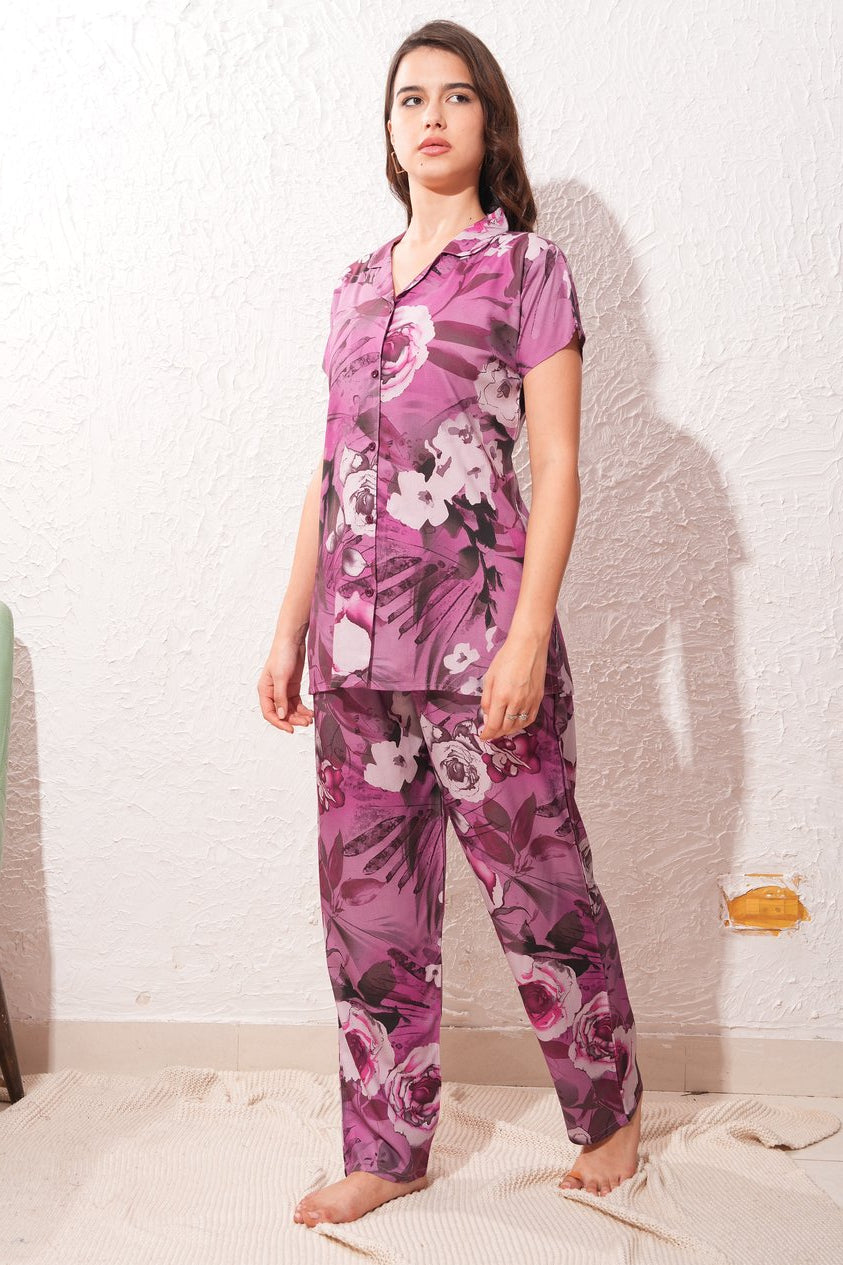 Womens Front Open Nightsuit - Boysenberry