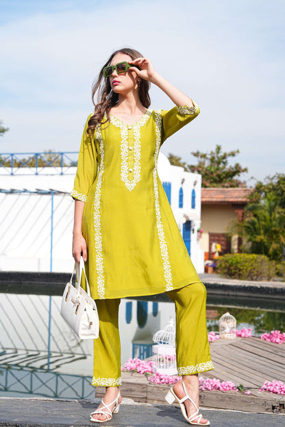 Mehandi-Colored Fusion Co-Ord Set