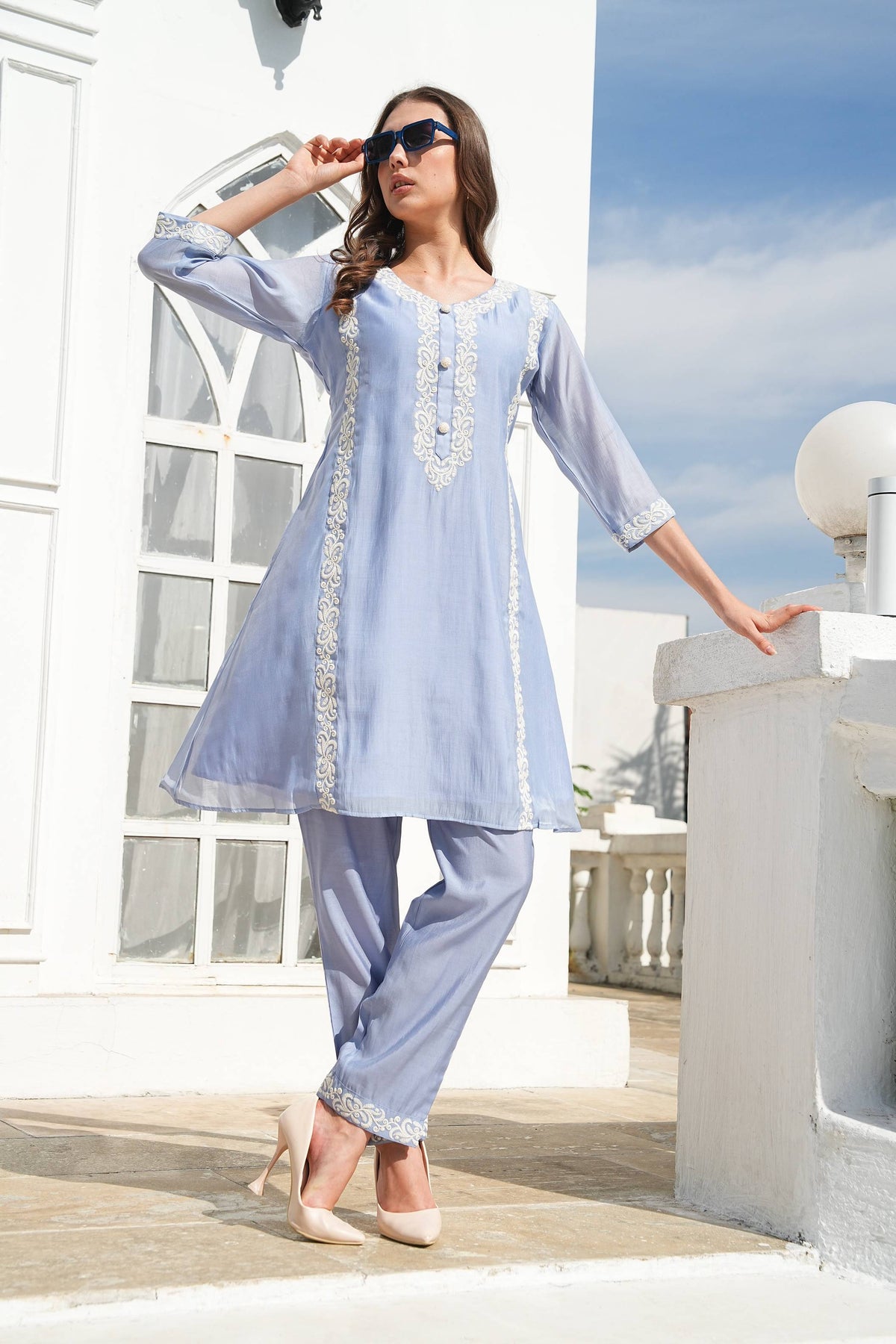 Sky Blue-Colored Fusion Co-Ord Set