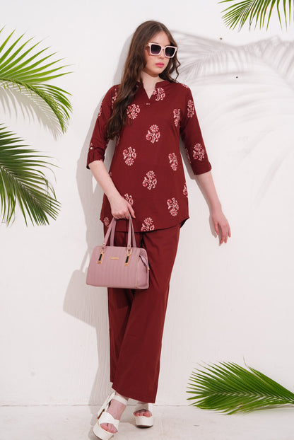 Rust-Colored Printed Co-Ord Set