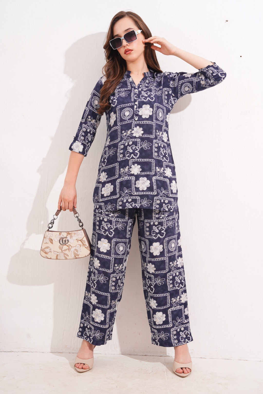 Navy Blue-Colored Printed Co-Ord Set