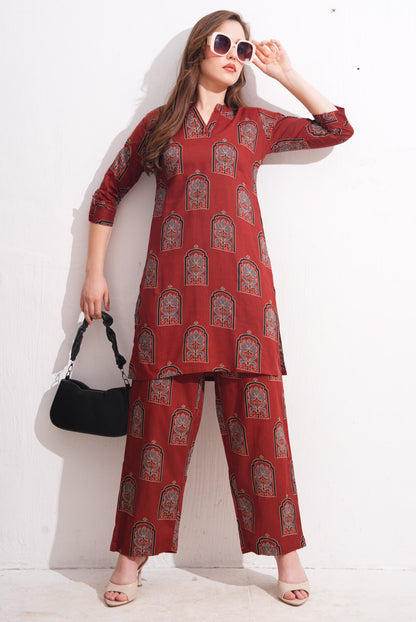 Rust-Colored Printed Co-Ord Set