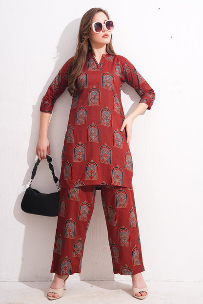 Rust-Colored Printed Co-Ord Set