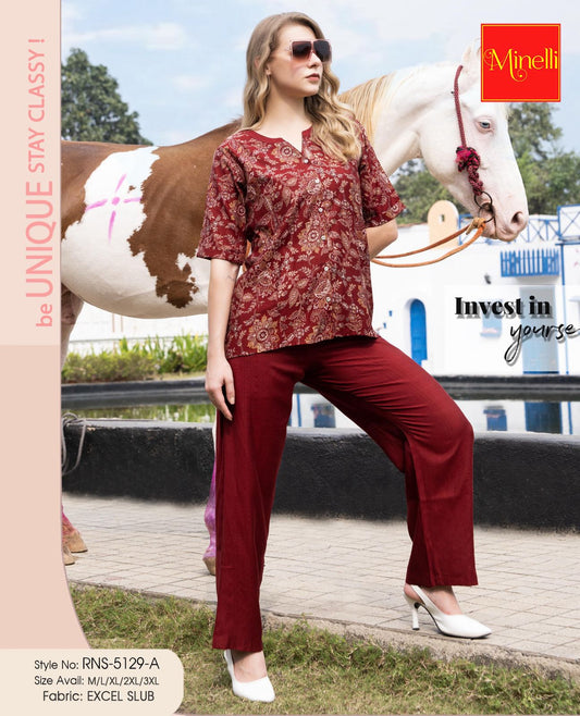 Maroon-Colored Printed Co-Ord Set