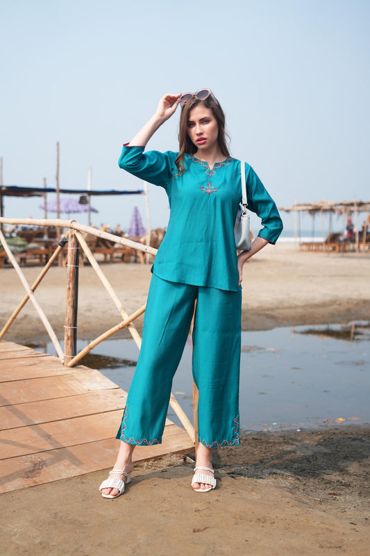 Turquoise-Colored Embroidered Co Ord Set