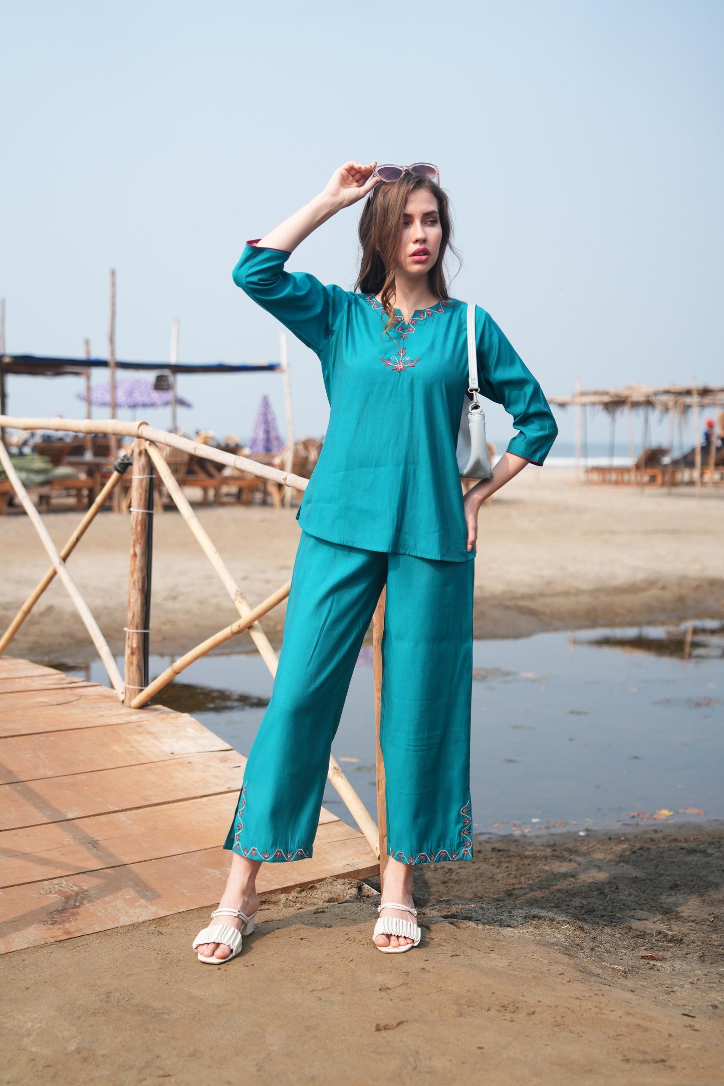 Turquoise-Colored Embroidered Co Ord Set