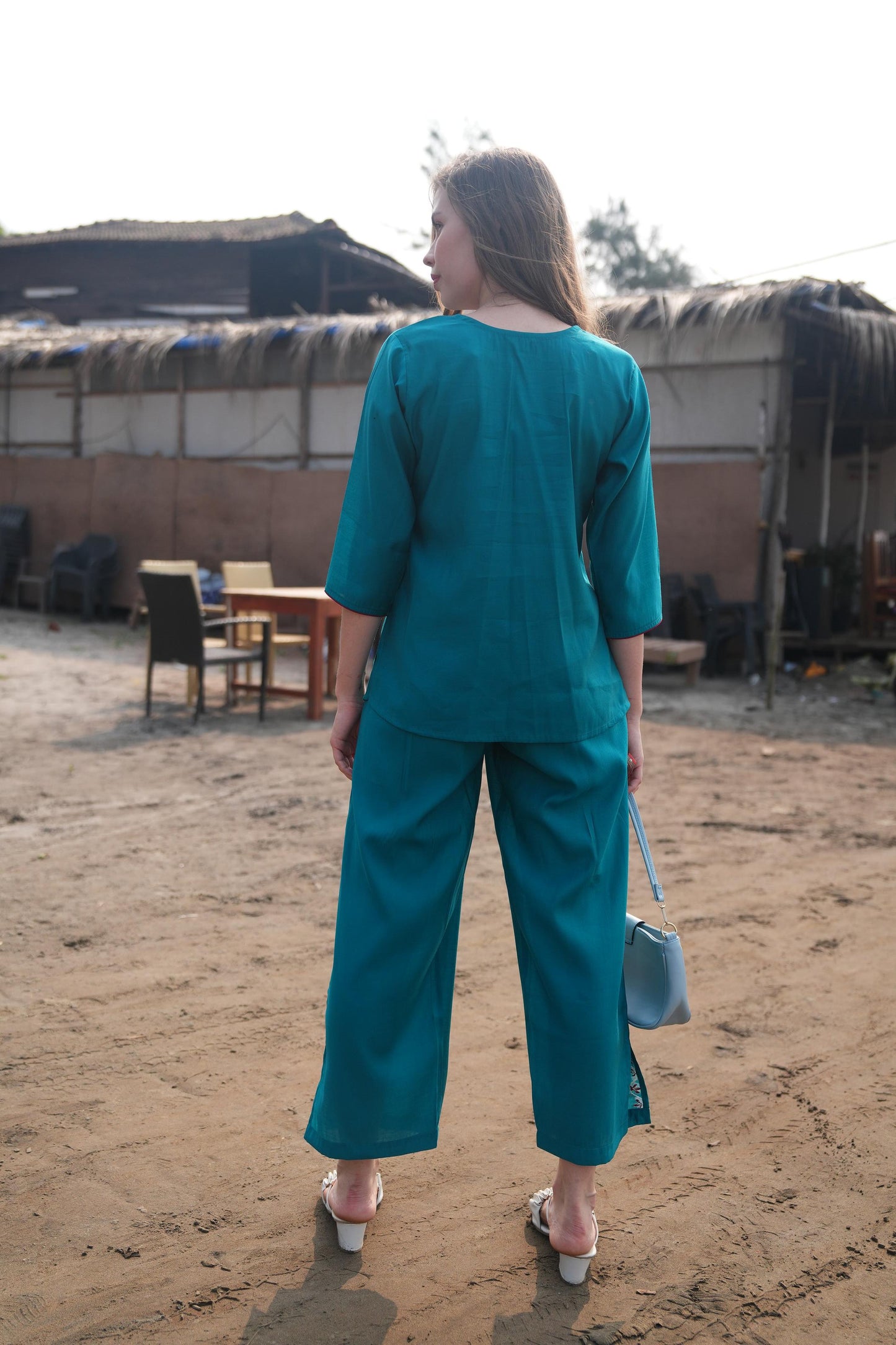 Turquoise-Colored Embroidered Co Ord Set