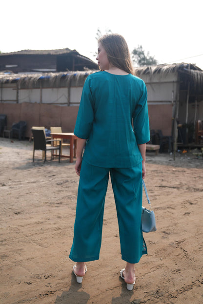 Turquoise-Colored Embroidered Co Ord Set