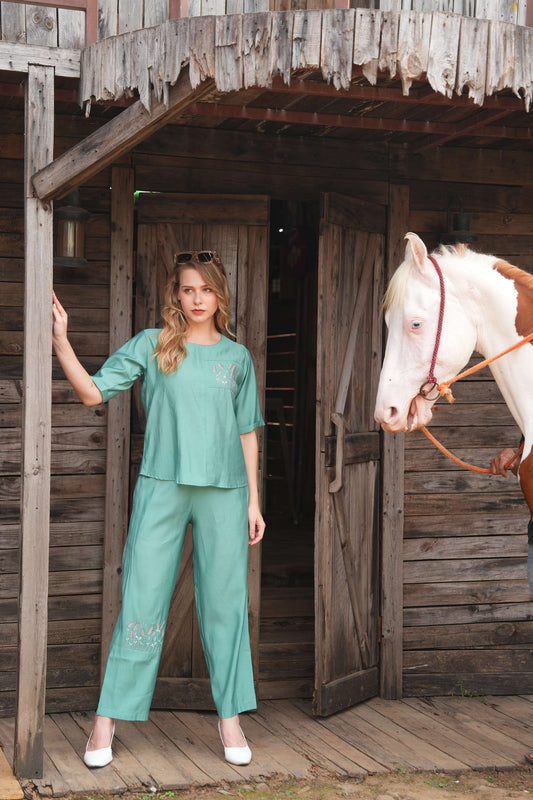 S.Green-Colored Embroidered Co Ord Set