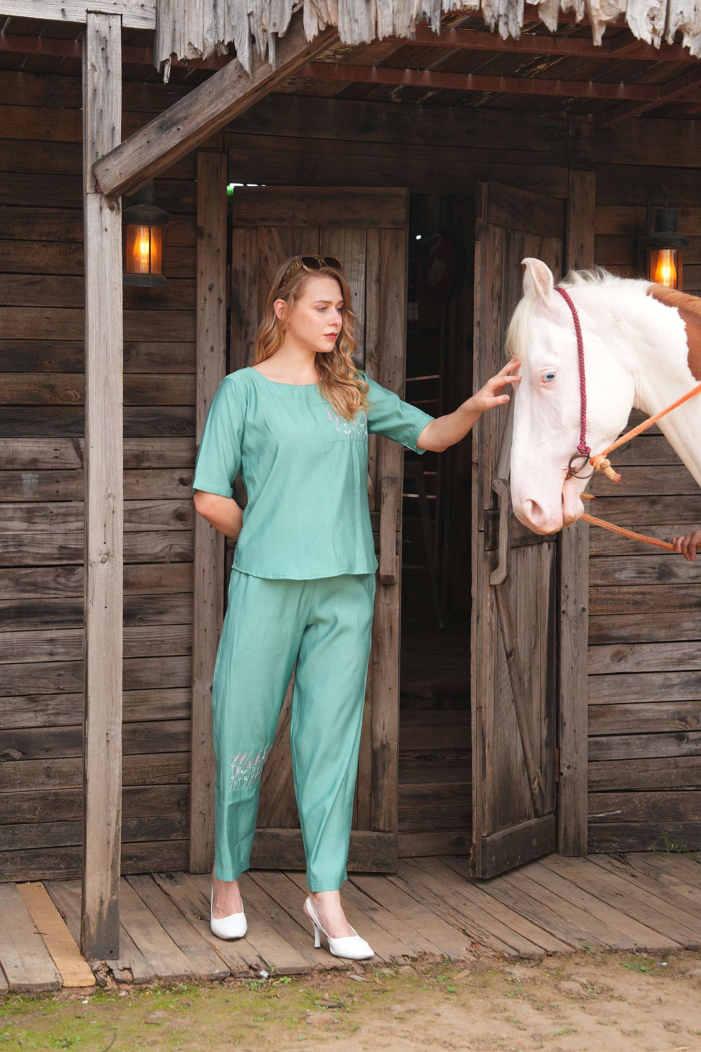 S.Green-Colored Embroidered Co Ord Set