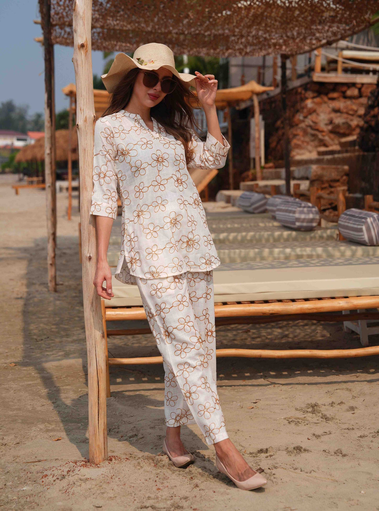 Cream-Colored Embroidered Co Ord Set