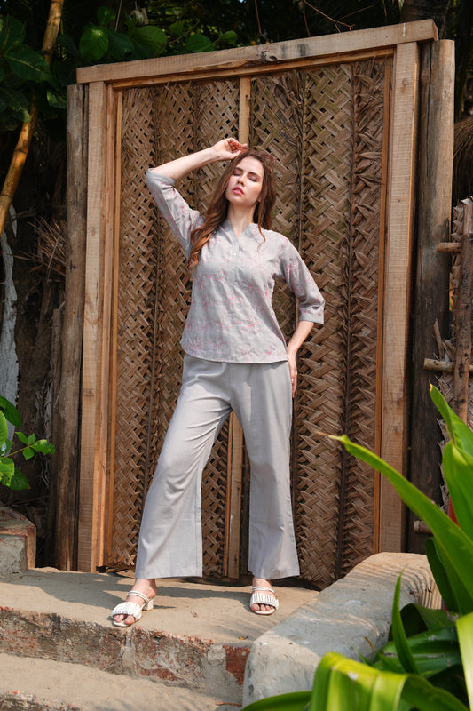 Grey-Colored Embroidered Co Ord Set