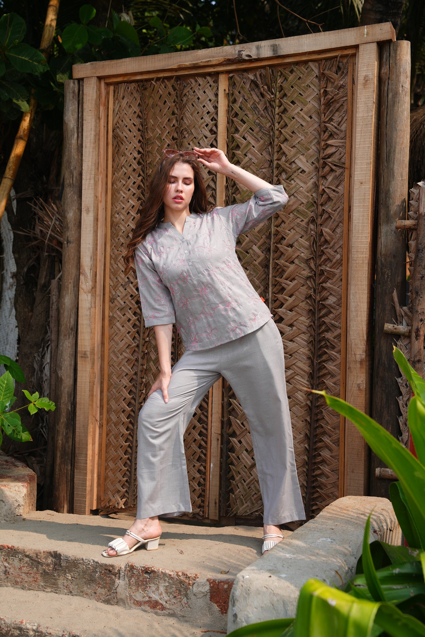 Grey-Colored Embroidered Co Ord Set