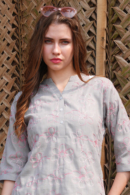 Grey-Colored Embroidered Co Ord Set