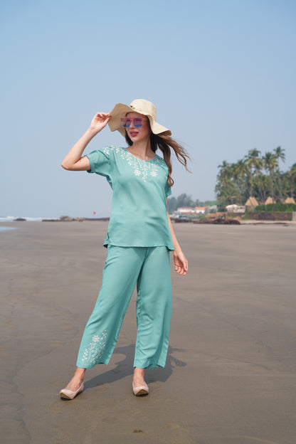 S.Green-Colored Embroidered Co Ord Set