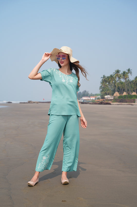 S.Green-Colored Embroidered Co Ord Set