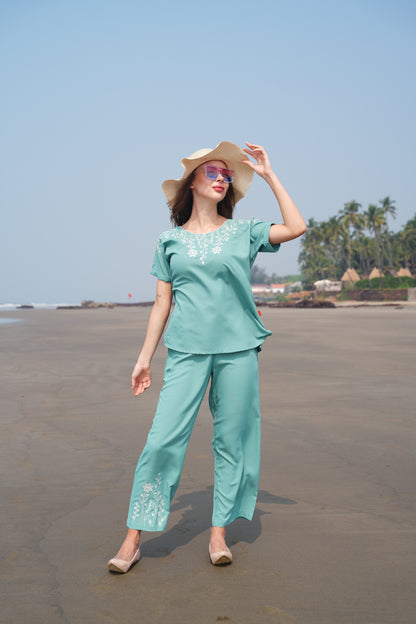 S.Green-Colored Embroidered Co Ord Set