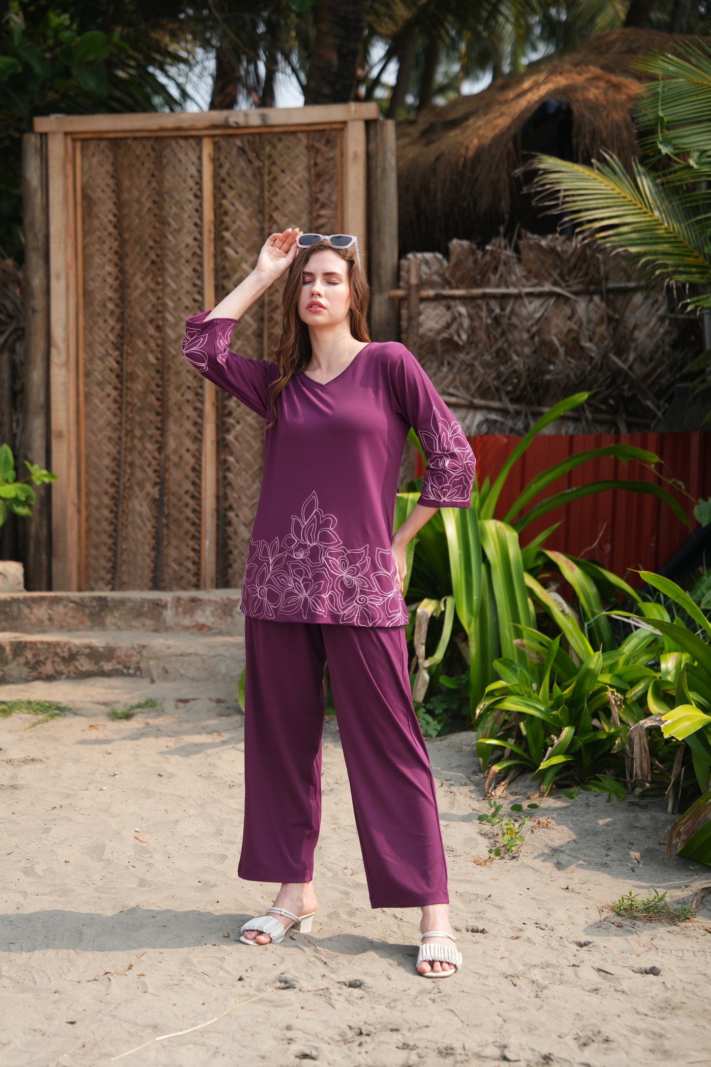 Wine-Colored Embroidered Co Ord Set