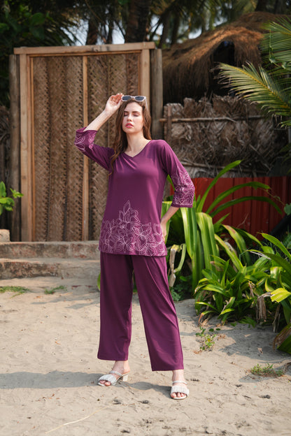 Wine-Colored Embroidered Co Ord Set