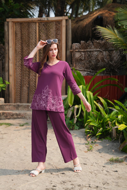 Wine-Colored Embroidered Co Ord Set
