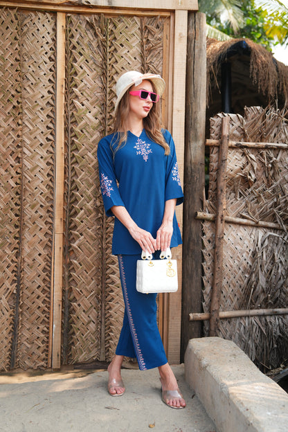 Blue-Colored Embroidered Co Ord Set