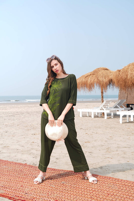Olive-Colored Embroidered Co Ord Set
