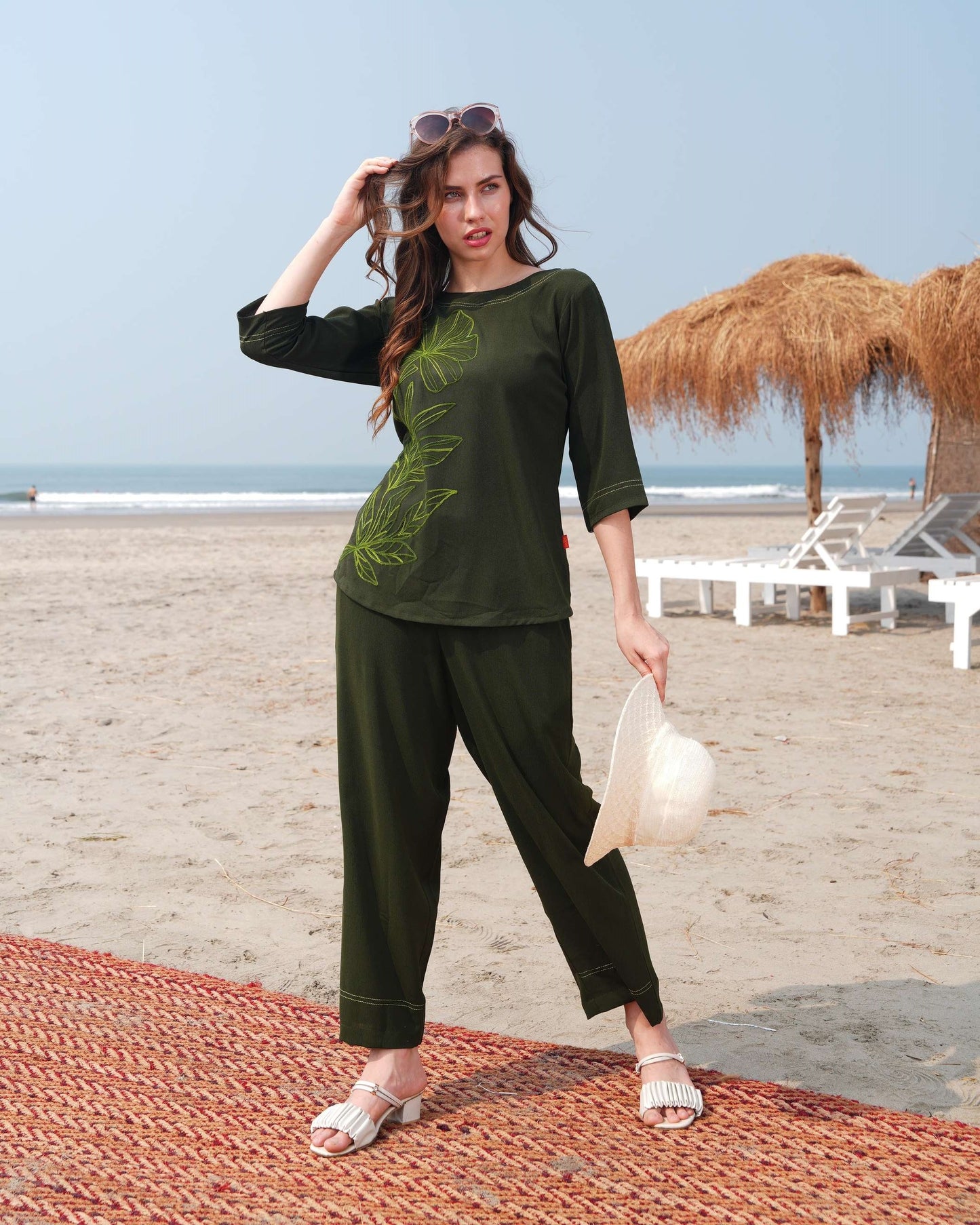 Olive-Colored Embroidered Co Ord Set