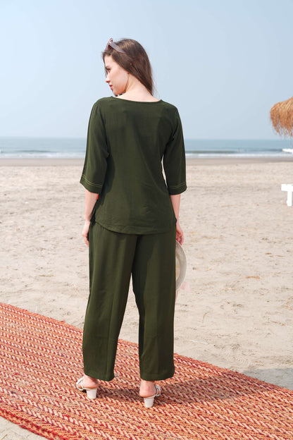 Olive-Colored Embroidered Co Ord Set