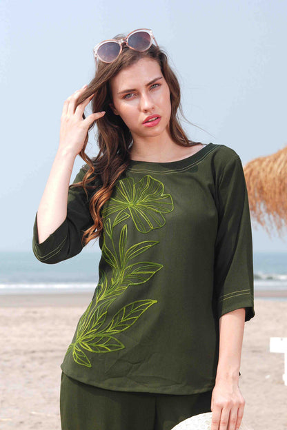 Olive-Colored Embroidered Co Ord Set