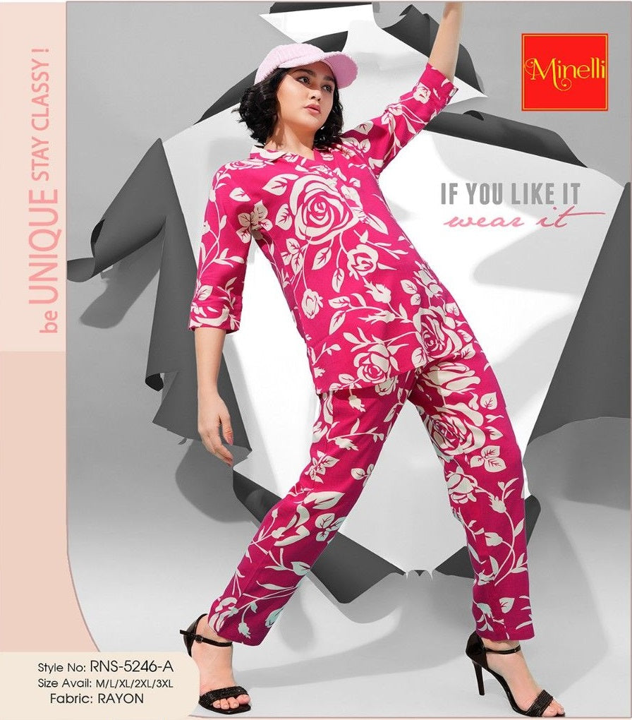 Fuchsia-Colored Printed Co-Ord Set