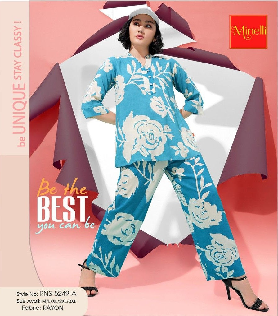 Turquoise-Colored Printed Co-Ord Set