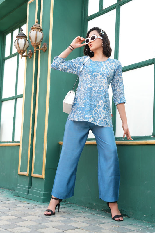 L.Blue-Colored Printed Co-Ord Set