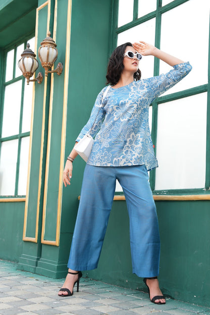 L.Blue-Colored Printed Co-Ord Set